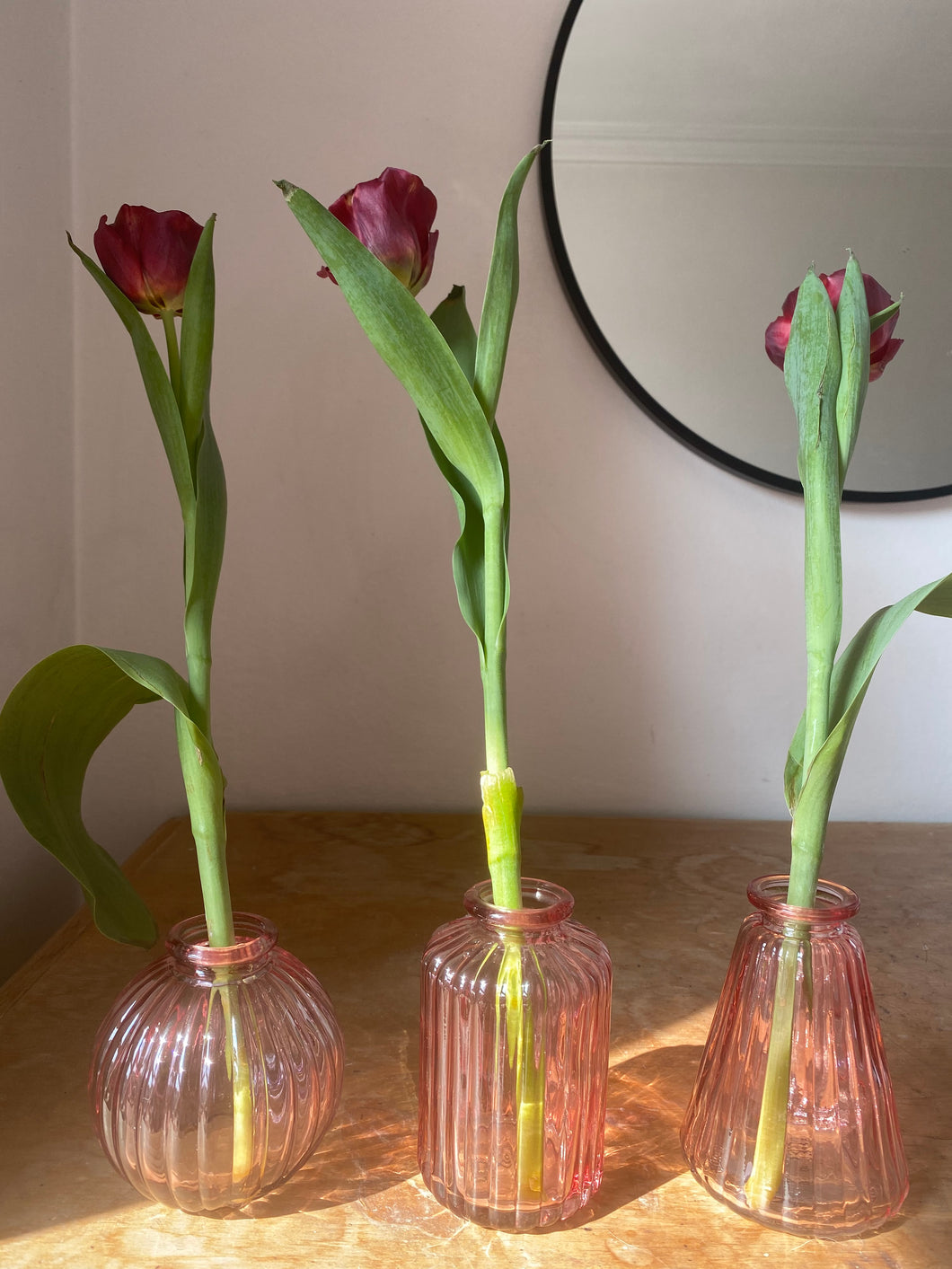 Pink Glass Bud vase - three different shapes