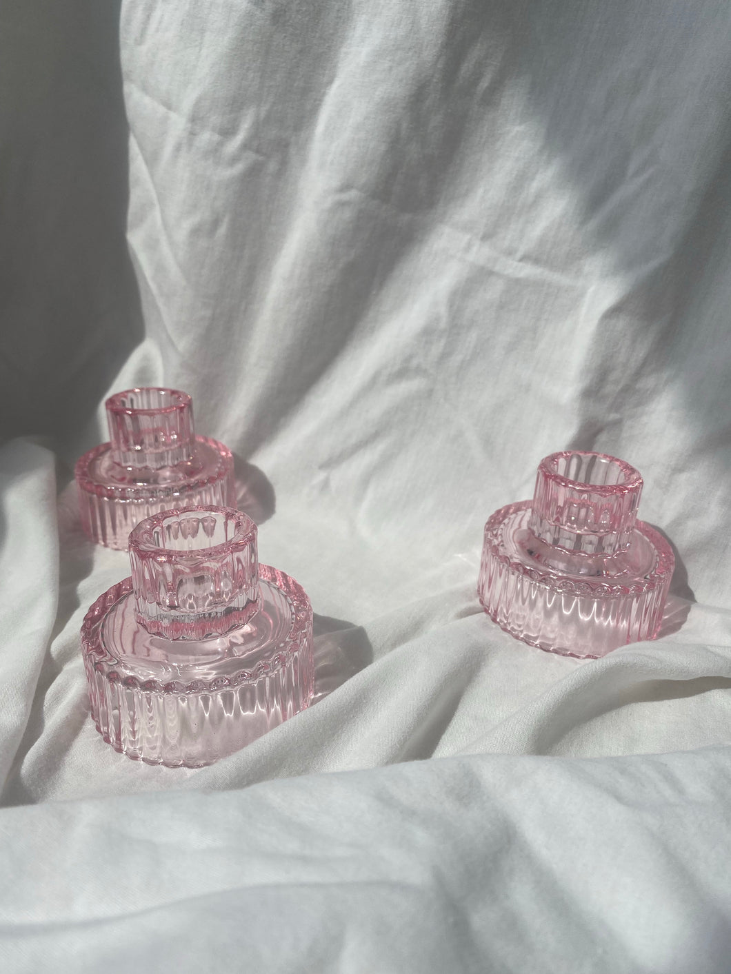 Low Pink Cut Glass Candle Holder